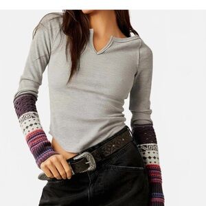 Free People Gray Long Sleeve Top with Patterned Sleeves